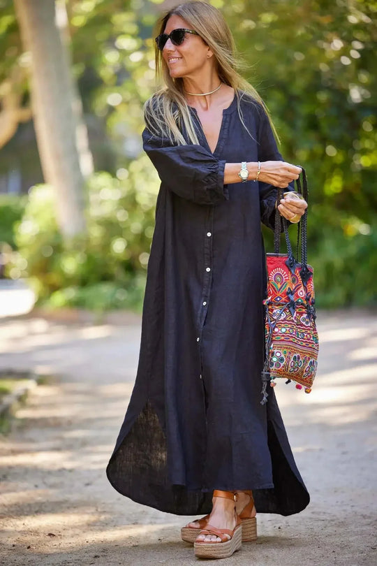 Heidi-Mode | Retro Frauen Lockere Bluse Baumwolle und Leinen Kleid Sommer Weiblich Strand Sand Drei Viertel Ärmel Knopf Baggy Maxi Länge Kleider Neu