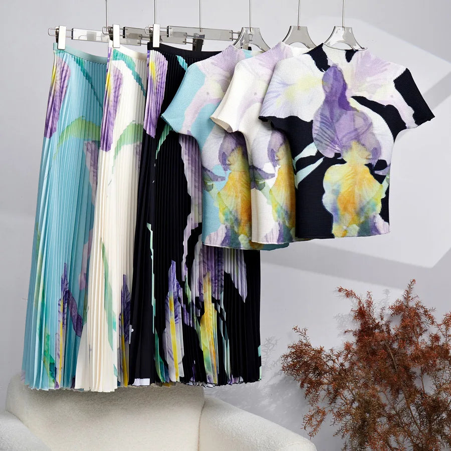 Heidi-Mode | Miyake Plissee Neue Mais Falten Blume Bedruckt Kurzarm T-Shirt und Mode A-Linie Plissee Lange Rock Set Zweiteilig Anzug Sommer