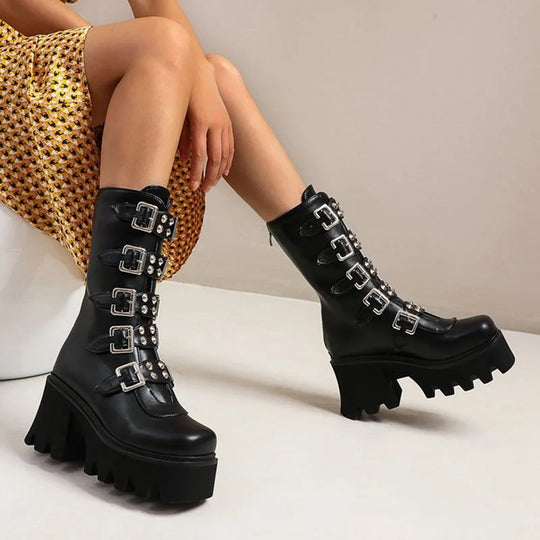 Heidi-Mode | Gothic Schuhe Frauen Schwarz Hochstiefel Weiblich Hohe Absatz Frauen Combat Punk Chunky Dame