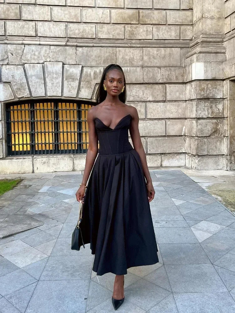 Heidi-Mode | Schwarz Elegante Hochzeitsveranstaltungen Kleid Sexy Strapless Korsett Kleid Midi Weihnachtsfeierkleider für Frauen Kleidung