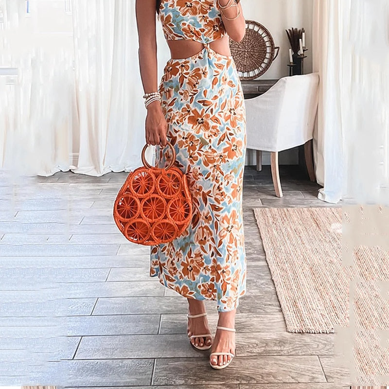 Heidi-Mode | Floral Print Halter Sleeveless Hollow Maxi Kleid