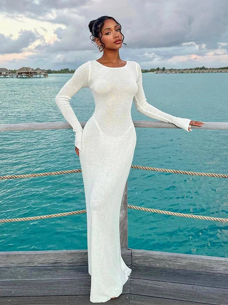 Heidi-Mode | Strick Rückenfreies Flare Ärmels Maxi Kleid