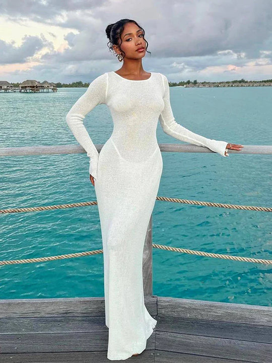 Heidi-Mode | Strick Rückenfreies Flare Ärmels Maxi Kleid