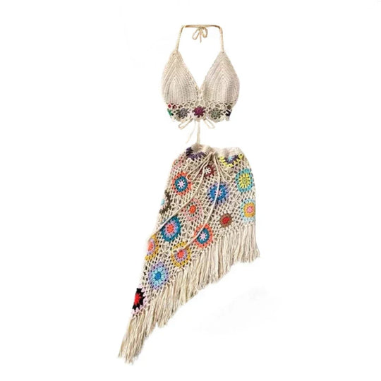 Heidi-Mode | Frauen 2 Teiliges Outfit Set Boho Lochschnitt Häkelstrick Halterneck Bh Top und Asymmetrischer Fransen Mini Rock Strand Cover Up