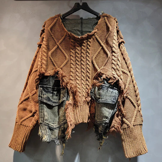 Heidi-Mode | Herbst Neue Waren Mode Frauen Twists Strick Splice Denim Kurz Pullover Locker Rundhalsausschnitt Langärmelig für Die Oberseite Weiblich