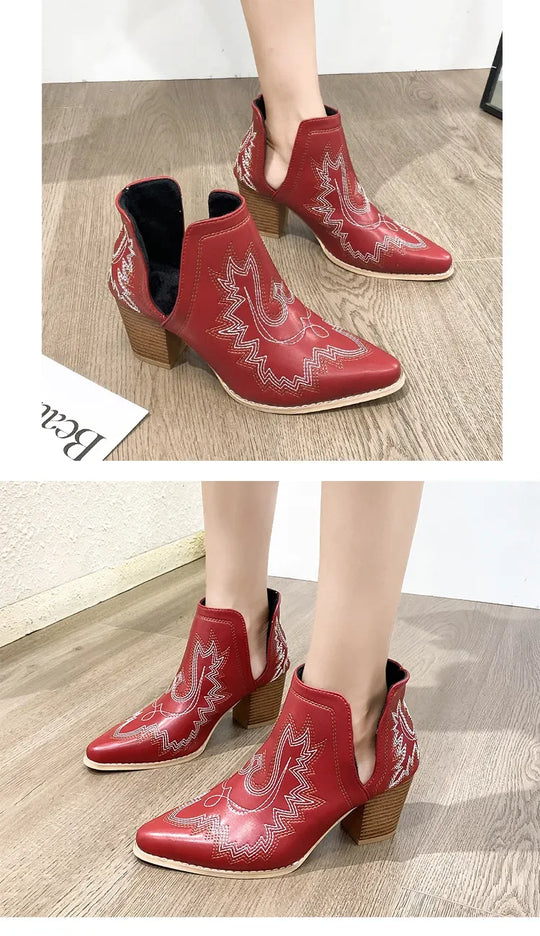 Heidi-Mode | Damen Westernstiefel mit Blockabsatz und Retro-Stickerei