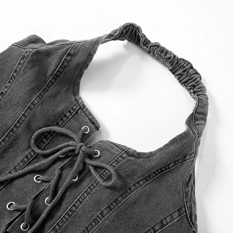 Heidi-Mode | Besticktes Denim Crop Top Mini Micro Y2k Rock Korsatzt Schnürsatz Co Ord