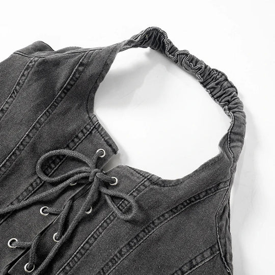 Heidi-Mode | Besticktes Denim Crop Top Mini Micro Y2k Rock Korsatzt Schnürsatz Co Ord