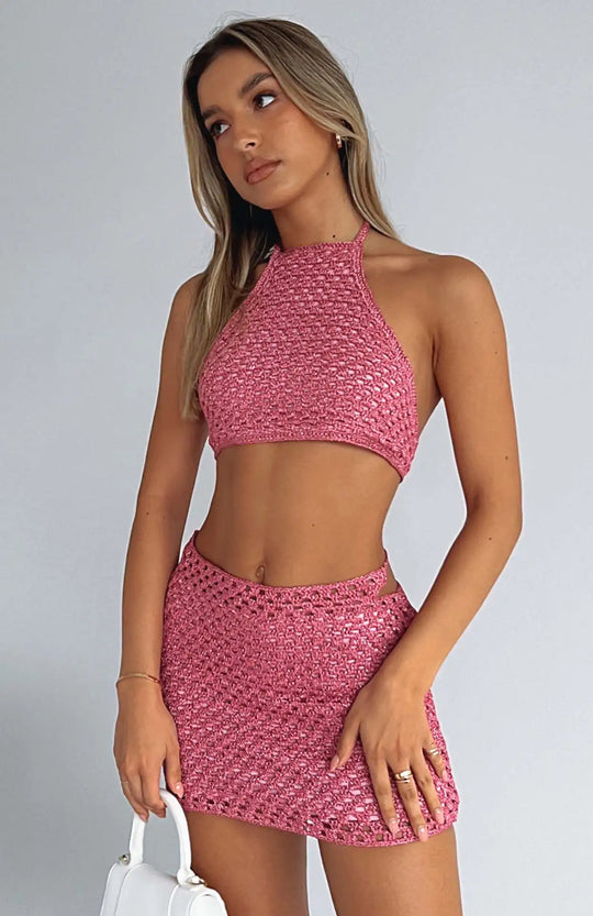 Heidi-Mode | Gestrickte Hals-Halter Rückenfreies Crop & Mini Rock Sets
