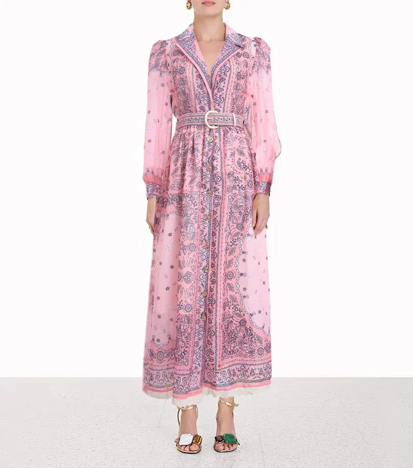 Heidi-Mode | Sommer Jahrgang für Frauen Print Kleider Lange Ärmel Kragen Ein-Knopf Chiffon Kleid Hohe Taille Neu Luxus Damenbekleidung