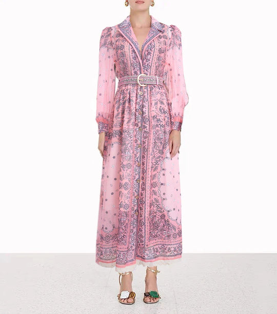 Heidi-Mode | Sommer Jahrgang für Frauen Print Kleider Lange Ärmel Kragen Ein-Knopf Chiffon Kleid Hohe Taille Neu Luxus Damenbekleidung