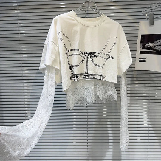 Heidi-Mode | Gemustertes Gedrucktes Kurzarm Wellen Spitzen T-Shirt Zwei Teile Set für Frauen Frühling Neue Artikel Lässige Kleidung