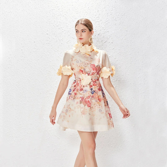 Heidi-Mode | Neue Damen Floral Mini Kleid Frühling Sommer Gedruckt Stehkragen Kurzarm Kleid Damen Urlaub Feier Vintage Kleider