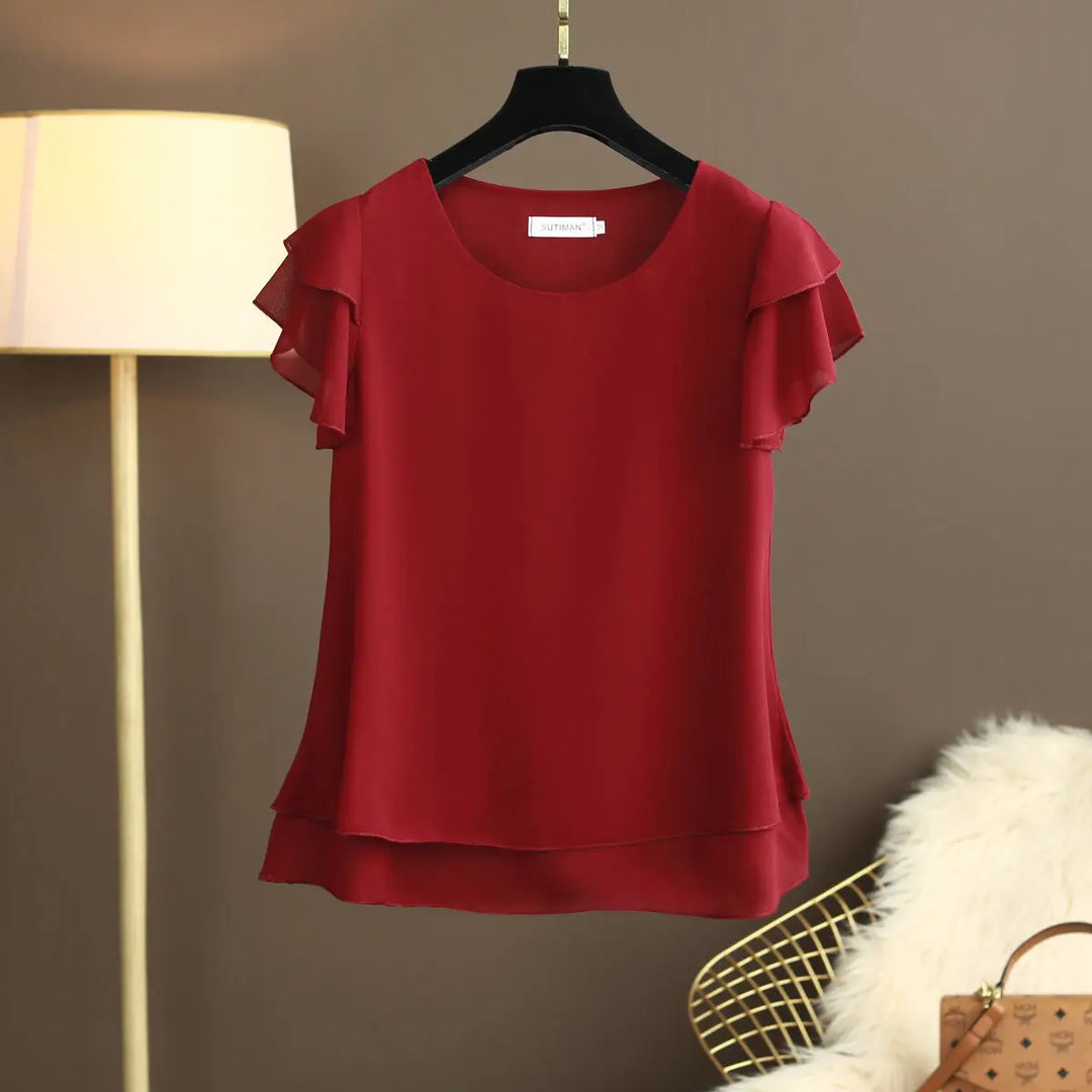 Heidi-Mode | Chiffon Bluse mit O-Ausschnitt und Kurzen Ärmeln