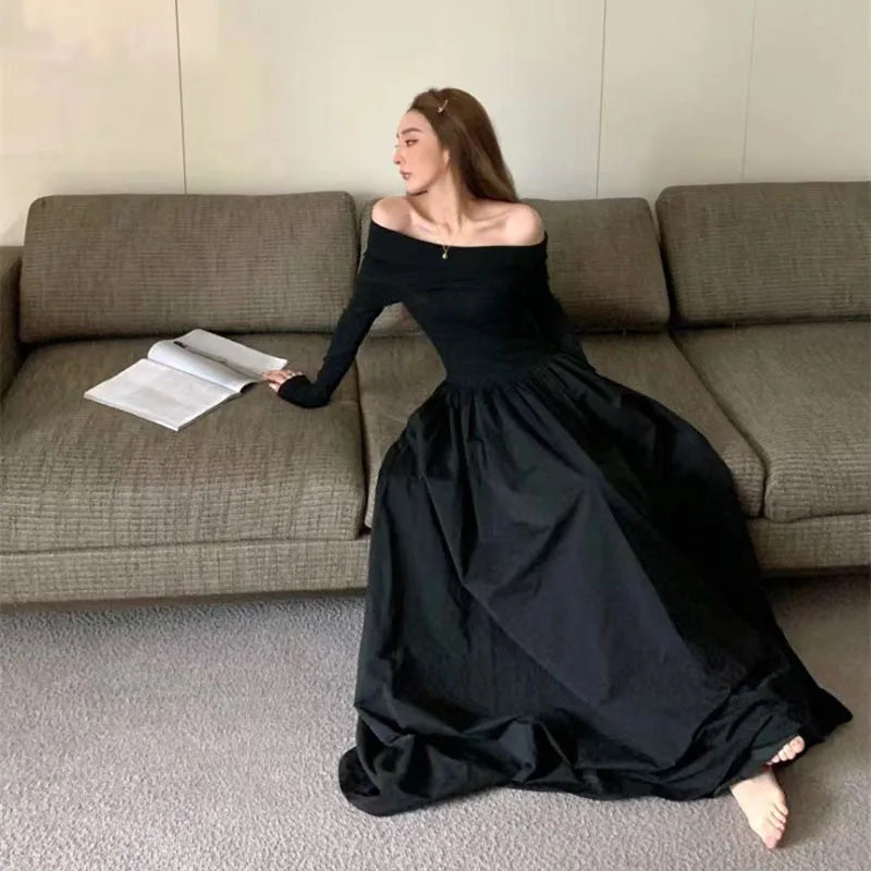 Heidi-Mode | Schwarz Elegant Slash Neck Lange Kleid Frauen Y2K Frühling Koreanisch Sexy Off Shoulder Lange Ärmel Kleid Mode Alle Match Festkleider