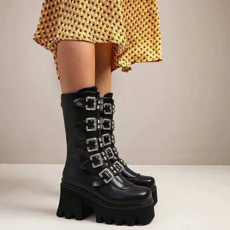 Heidi-Mode | Gothic Schuhe Frauen Schwarz Hochstiefel Weiblich Hohe Absatz Frauen Combat Punk Chunky Dame
