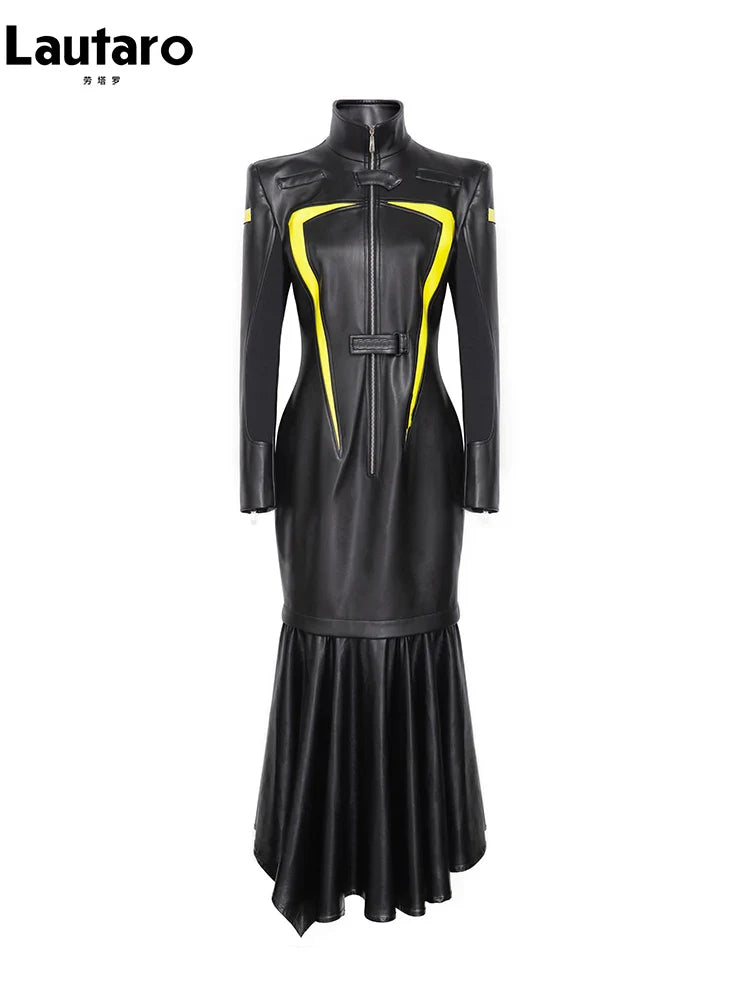 Heidi-Mode | Lautaro Frühling Herbst Cool Rot und Schwarz Patchwork Kunstleder Maxi Kleid Frauen mit Abnehmbarem Rand Luxus Designer Kleidung