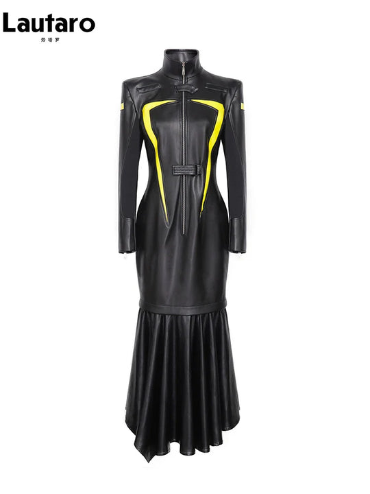Heidi-Mode | Lautaro Frühling Herbst Cool Rot und Schwarz Patchwork Kunstleder Maxi Kleid Frauen mit Abnehmbarem Rand Luxus Designer Kleidung