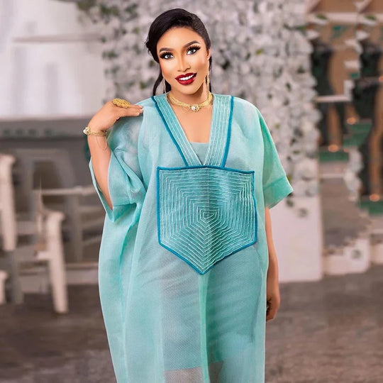 Heidi-Mode | Afrikanisches Modernes Design Blau Mesh Bestickt Tiefer V-Ausschnitt Plus Size Rock mit Unterrock Afroamerikanische Frauen Kleid