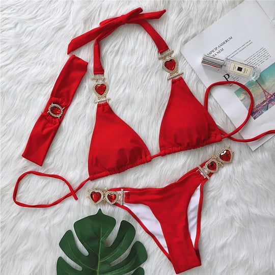 Heidi-Mode | Pink Sexy Bikinis Schwimmbekleidung mit Herz Strass Damen Bademode Female Push-Up Bikini Strand Bademode Badeanzüge Pool Badebekleidung