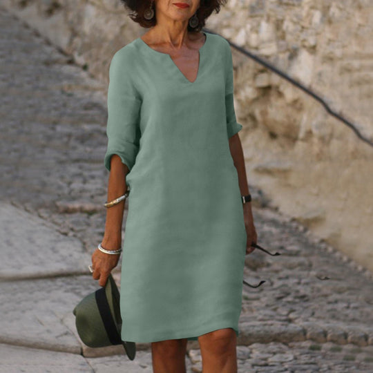 Heidi-Mode | Elegantes Leinen Sommerkleid mit V-Ausschnitt