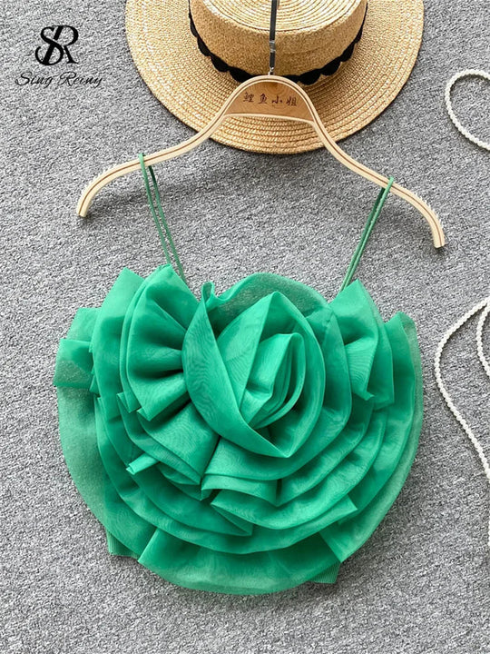 Heidi-Mode | Damen 3D Blumen Urlaub Stil Sexy Camis Sommer Design Kurzoberteile Damen Unifarben Slim Kurz Streetwear Strand Camisole