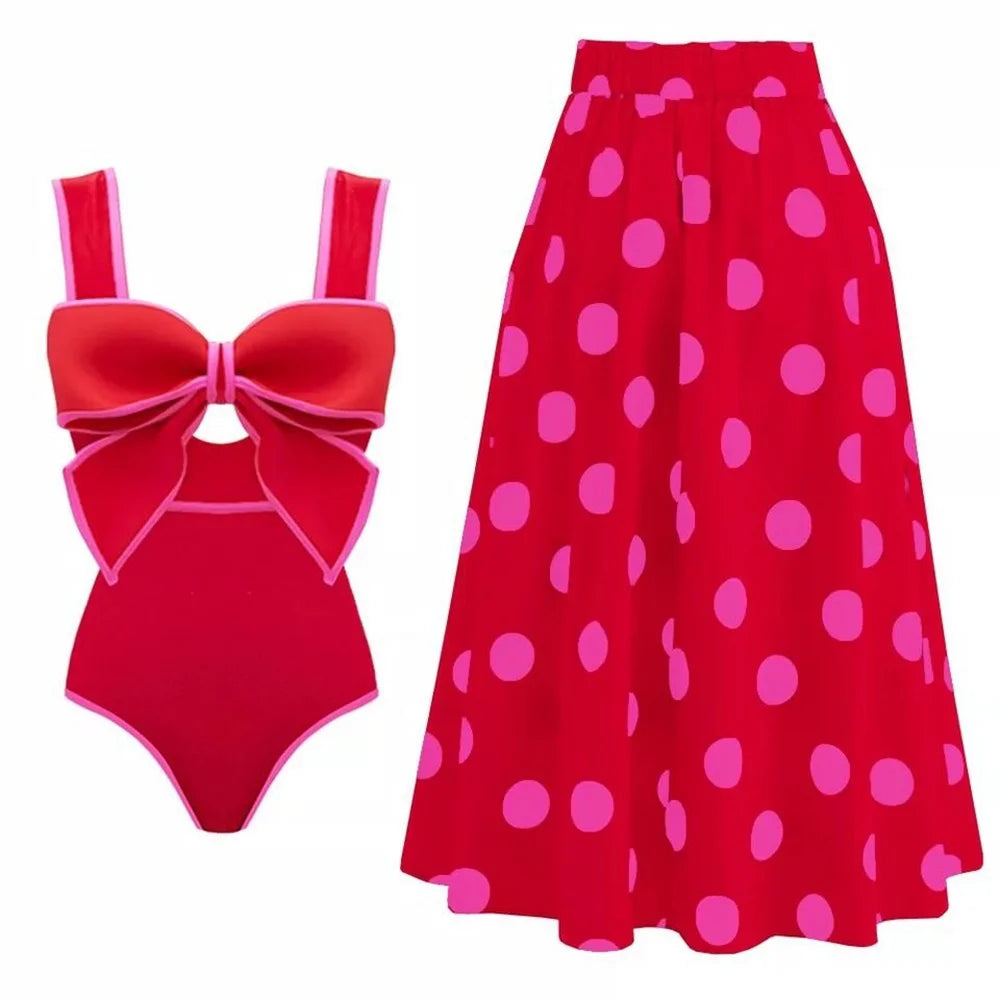 Heidi-Mode | Einteiler Badeanzug mit Passendem Midi Rock für Frauen Neue Bademode Frau Schleife Dekor Monokini Strand Badeanzug