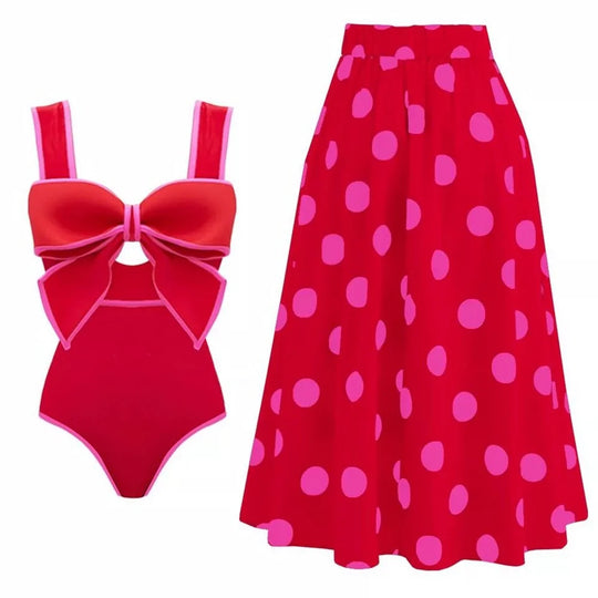 Heidi-Mode | Einteiler Badeanzug mit Passendem Midi Rock für Frauen Neue Bademode Frau Schleife Dekor Monokini Strand Badeanzug