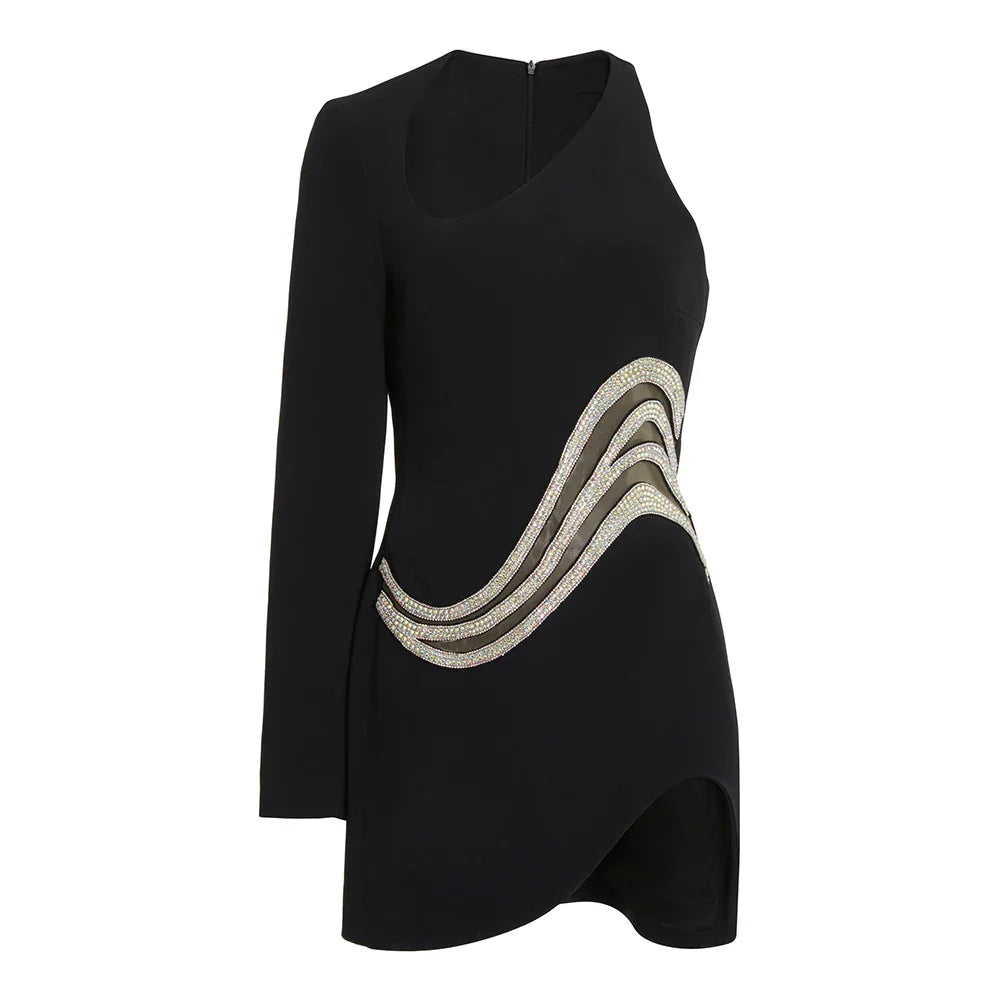 Heidi-Mode | Damen Neue Ein Schulter Langarm Mesh Patch Diamant Bandage Kleid Elegant Sexy Club Abendfest Mini Kleid