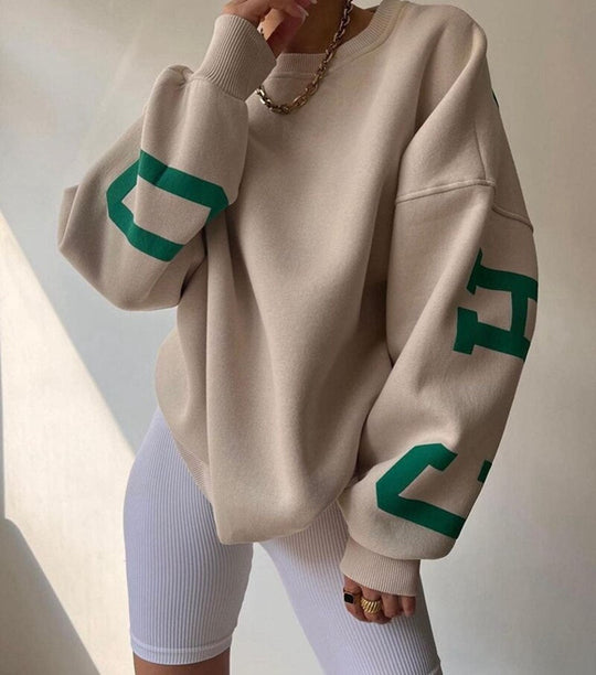 Heidi-Mode - Schickes Herbst Oversized Sweatshirt mit Chicago Buchstaben Grafik für Frauen