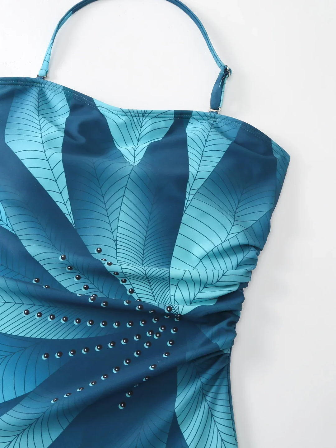 Heidi-Mode | Elegant Blau Blätter Gedruckt Einteiler Badeanzüge Damen Mode Hohe Taille Hängender Hals Bademode Französisch Bedeckter Bauch Bikini