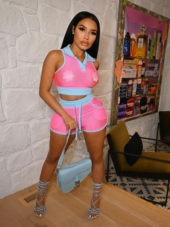 Heidi-Mode | Neon Fischernetz Crop Top & Shorts