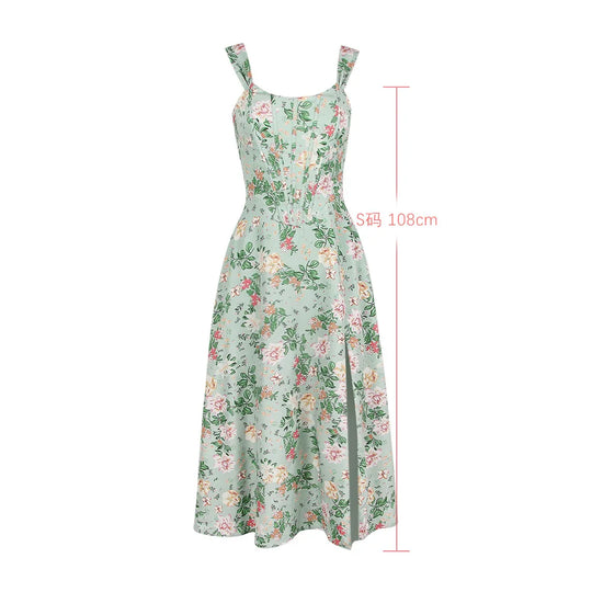 Heidi-Mode | Sommerkleid Frauen Grün Schnürung Blumenmuster Kleid Elegant mit Knochen Lässig Fest Urlaub Kleid Hohe Qualität