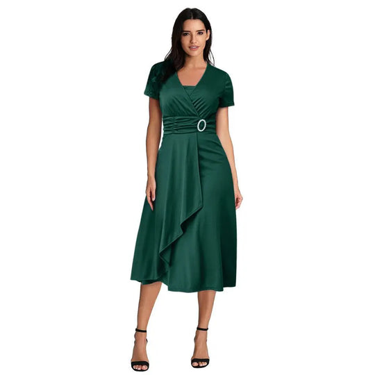 Heidi-Mode | Elegante Frauen Einfarbig Kurzarm V-Ausschnitt Asymmetrischer Saum Tailliert Midi Festkleid Damen Abendkleider