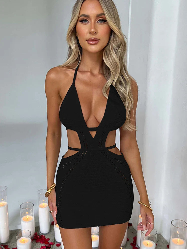 Heidi-Mode | Hollow Out Halter Sexy Mini Kleid Frauen Sommer Neu Ohne Ärmel Rückenfrei Enganliegend Klub Party Strick Tank Kleid Vestido