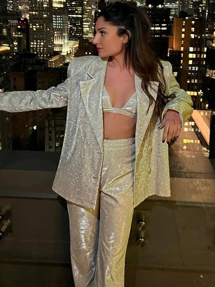 Heidi-Mode | Fantoye Herabgestürzter Kragen Pailletten Frauen Blau Jacke Set Silber Langärmlige Tops Lässige Hosen Frauen Frühling Locker Mode Streetwear