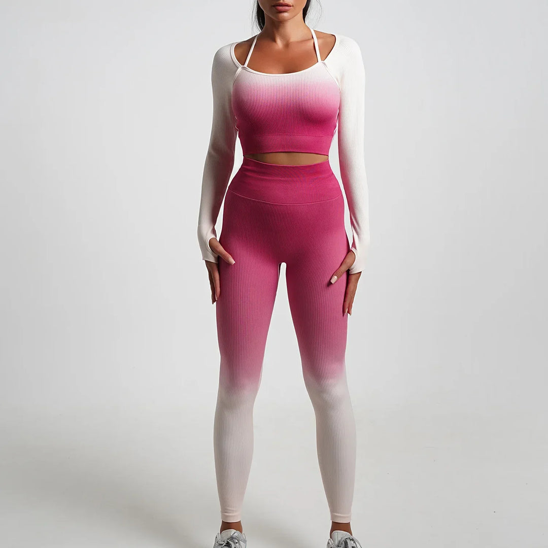 Heidi-Mode | Nahtlose Gradient Yoga Set Sport Fitness Hohe Taille Hip Lifting Hosen Langarm Anzüge Training Fitness Leggings Set für Frauen
