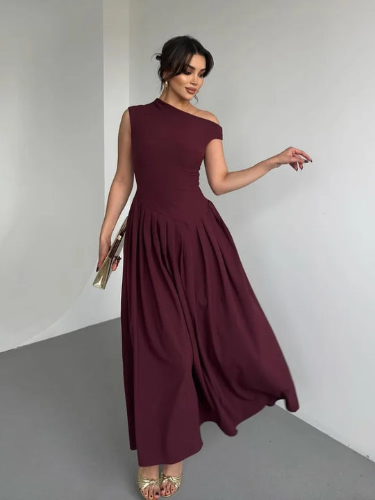 Heidi-Mode | Chic Off Shoulder Unregelmäßiger Hals Frauen Kleid Elegante Hohe Taille A-Linie Saum Plissierte Midi Kleider Neu Sommer Damen Pendelrobe