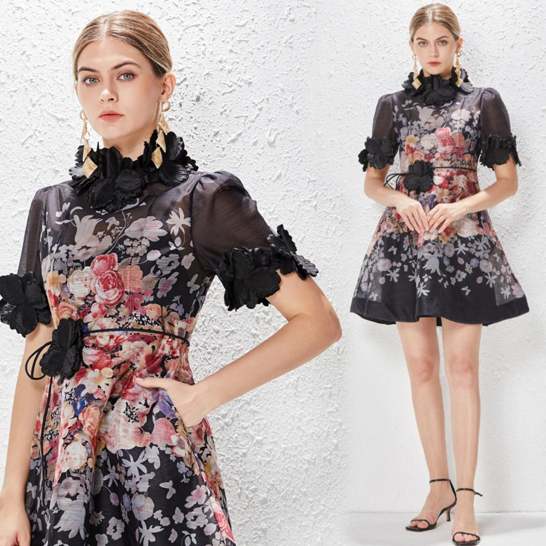 Heidi-Mode | Neue Damen Floral Mini Kleid Frühling Sommer Gedruckt Stehkragen Kurzarm Kleid Damen Urlaub Feier Vintage Kleider
