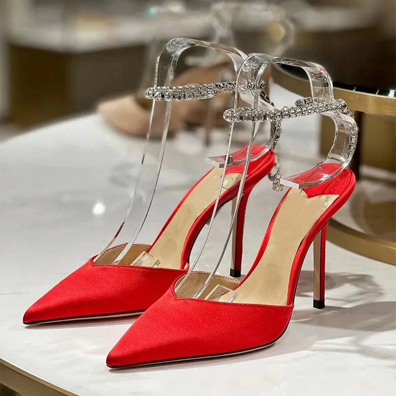 Heidi-Mode | Satin Strass Kette High Heels Schuhe Pumps