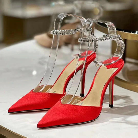 Heidi-Mode | Satin Strass Kette High Heels Schuhe Pumps