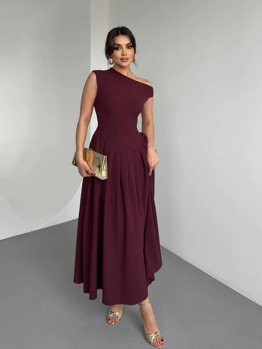 Heidi-Mode | Chic Off Shoulder Unregelmäßiger Hals Frauen Kleid Elegante Hohe Taille A-Linie Saum Plissierte Midi Kleider Neu Sommer Damen Pendelrobe