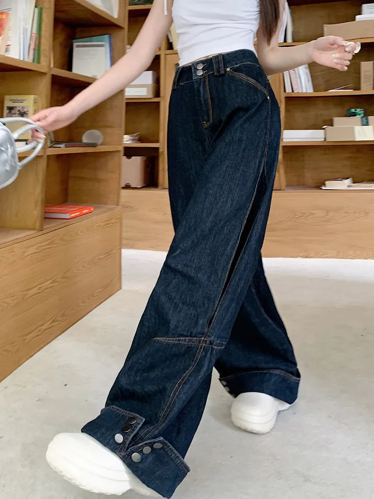 Heidi-Mode | Trashy Y2K Mode Knopfmanschetten Dunkelblaue Baggy Jeans Hosen für Damen Kleidung Schlichte Elegante Hosen Damen Pantalon Femme