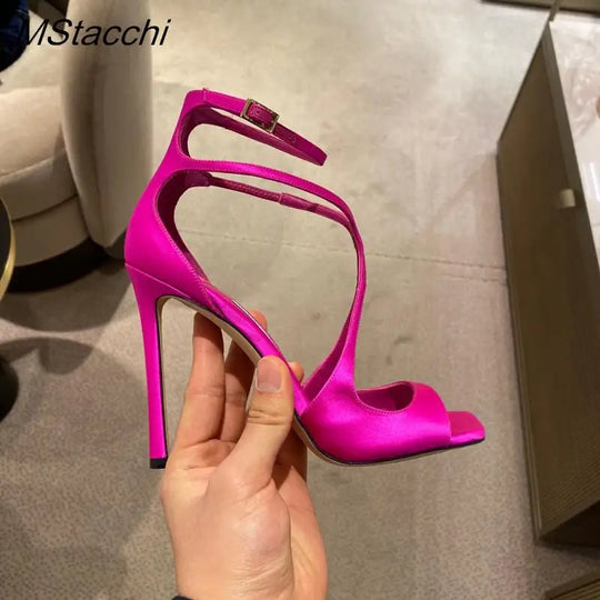 Heidi-Mode | Damen Luxus Sandalen Sommer Pink Satin Offene Zehe Stiletto Sandalen Einfache Hohe Absätze Damen Pumps Knöchelriemen Designer Schuhe