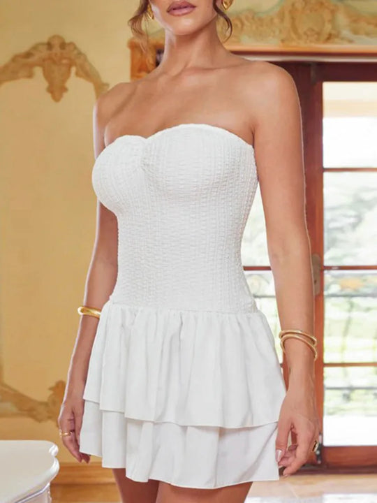 Heidi-Mode | Off Shoulder Enganliegend Ohne Träger Sexy Mini Kleid für Frauen Weiß Spaghetti-Träger Ärmelos Hohe Taille A-Linie Kuchen Kleid Vestido