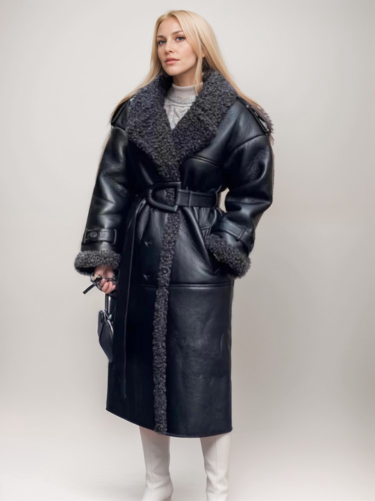 Heidi-Mode | Längerer Mantel mit Gürtel Imitiertes Leder und Pelz Warm und Statement-prägend