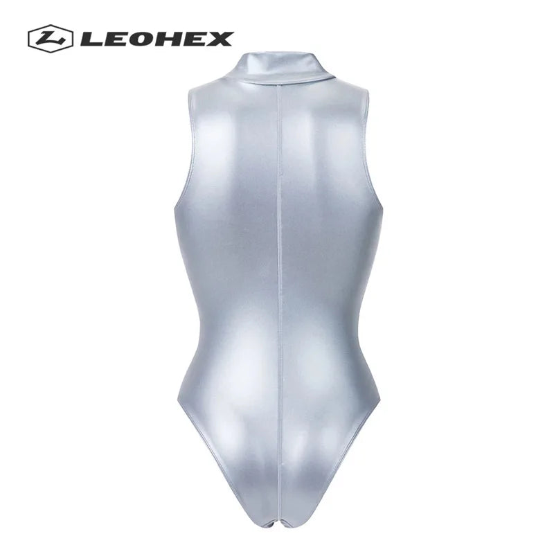 Heidi-Mode | Sexy Matt Schwarz Leotards Ärmelloser Bodysuit Hochgeschnitten Einteilig Badebekleidung Frauen Badeanzüge Japanische Badesachen