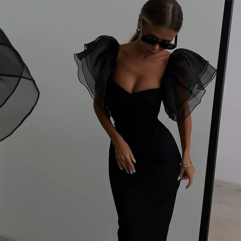 Heidi-Mode | Mesh Schmetterlingärmel Sheath Bodycon Kleid Frauen Quadratischer Hals Midi Robe Femme Festes Schwarz Vestidos Mujer Sexy Dame Festkleider