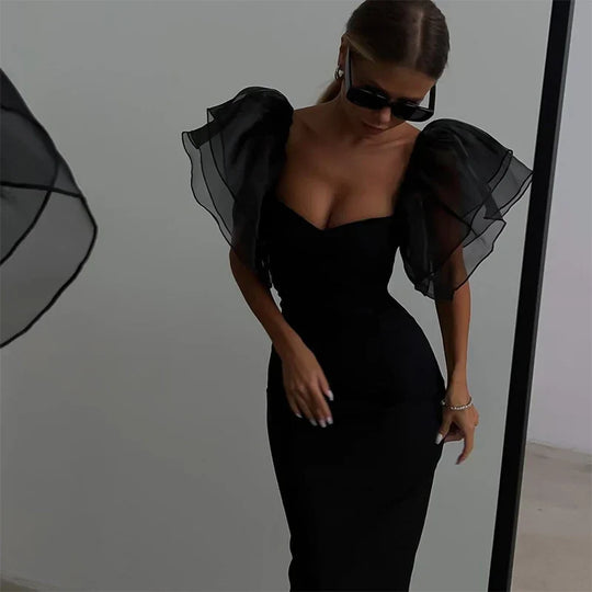 Heidi-Mode | Mesh Schmetterlingärmel Sheath Bodycon Kleid Frauen Quadratischer Hals Midi Robe Femme Festes Schwarz Vestidos Mujer Sexy Dame Festkleider