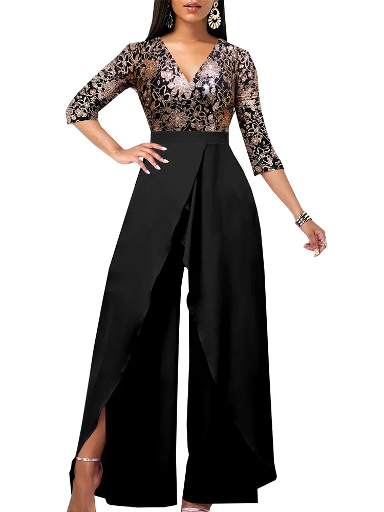 Heidi-Mode | Set Outfit Neu Vergoldet Blumen V-Ausschnitt Locker Passend Jumpsuit aus Einem Modischen Lässigen Stück für Frauen Elegante Frau